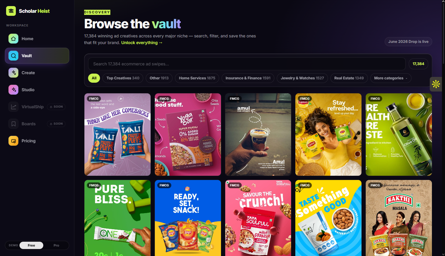 Scholar Heist Vault showing a library of winning ad creatives
